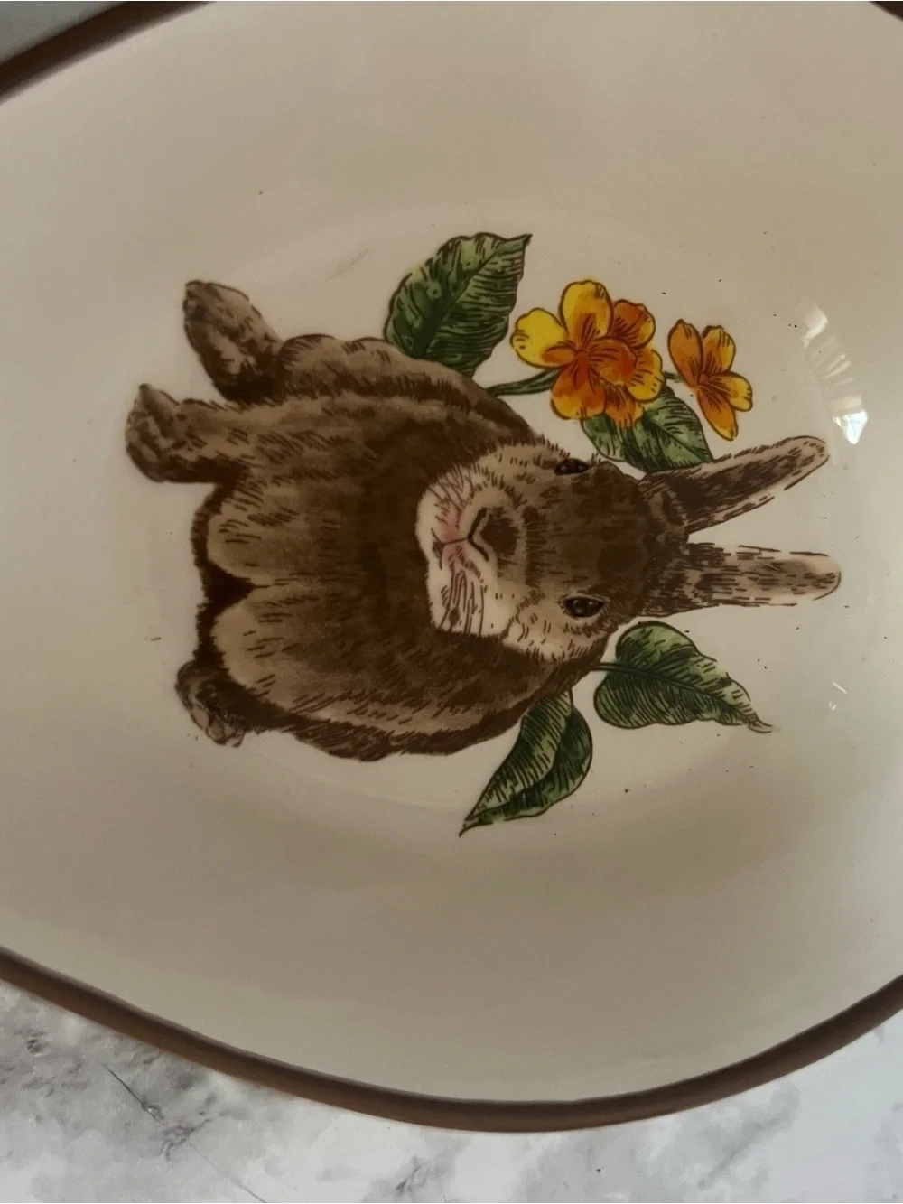 Vintage Ceramic Spoon Rest with Brown Bunny and Yellow Floral Accents